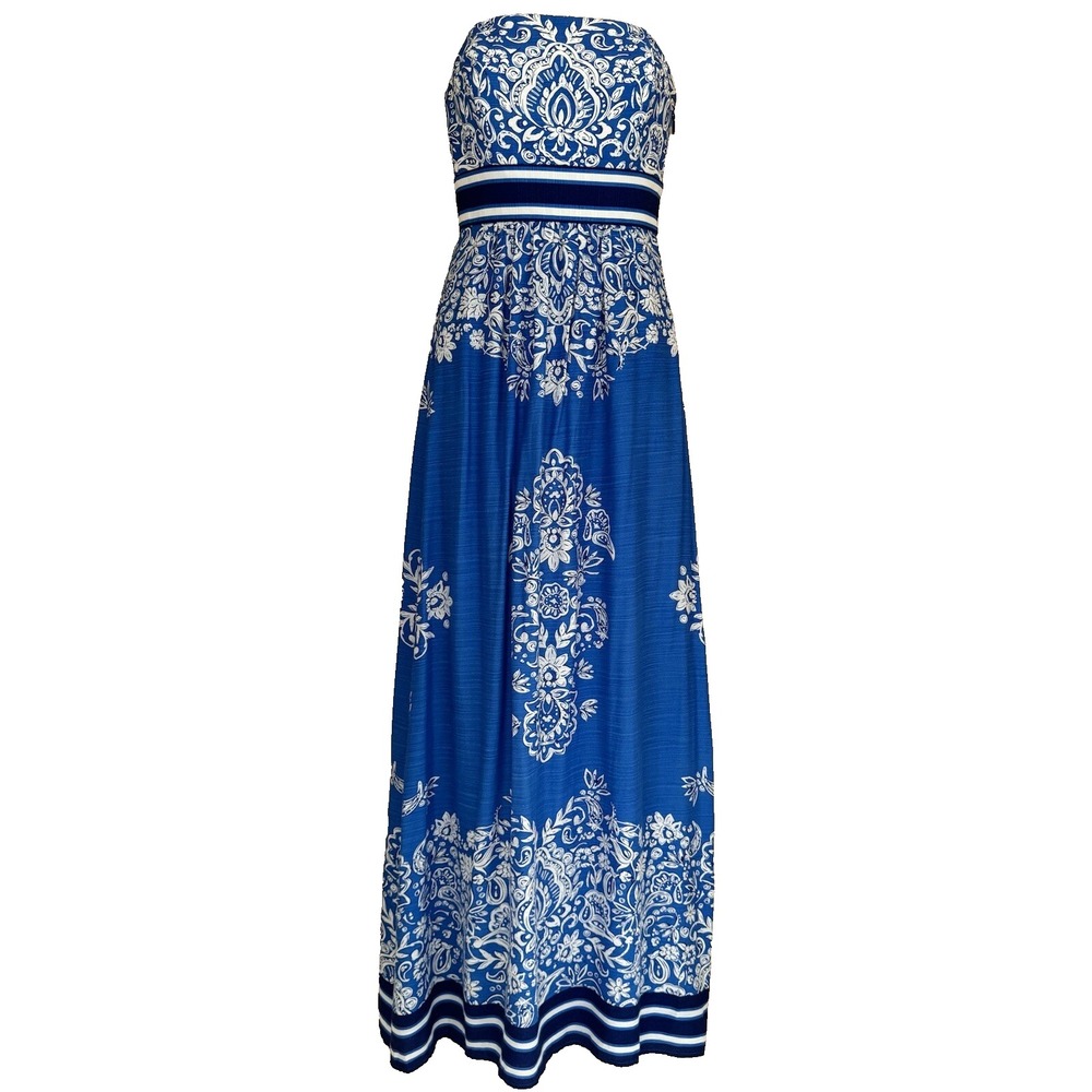 VINEYARD Vines Women 00 Blue Floral Scarf Print Strapless Maxi Dress Boho Formal